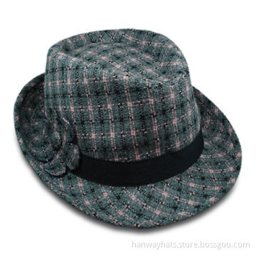 Women's Fashion Check Fedora/Trilby Hat with GG Band and Self Flower